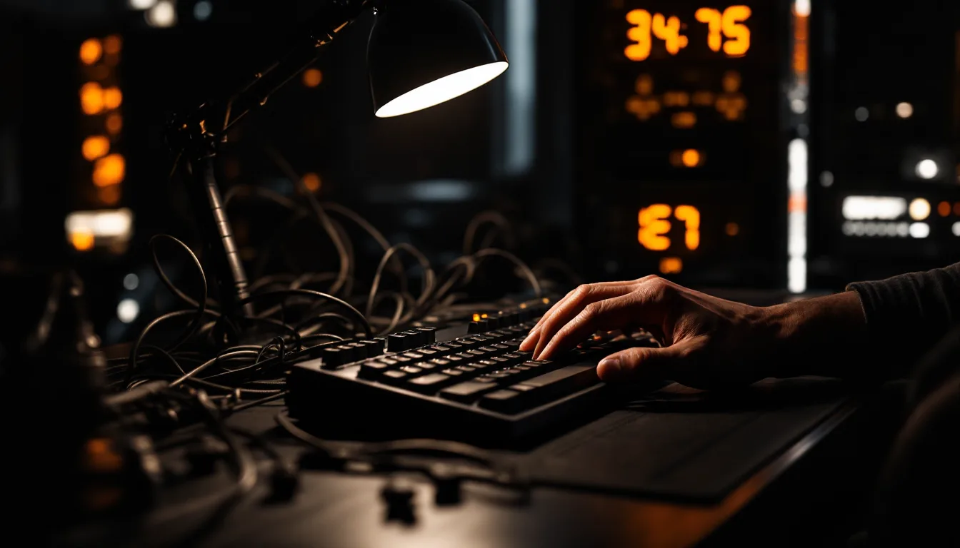 A security engineer working at a keyboard in low light